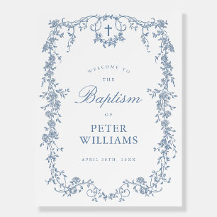 Blue Vintage Floral Cross Baptism Welcome Sign