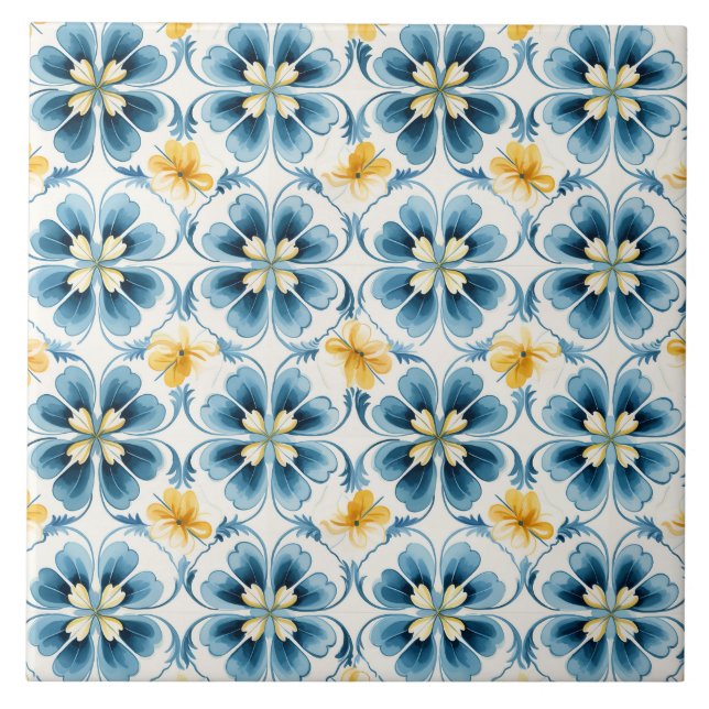 Blue Vintage Floral Elegant Ceramic Tile (Front)