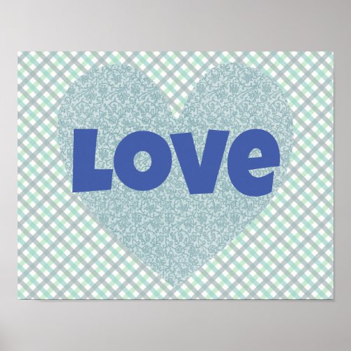 Blue Vintage Floral Heart and Love Poster