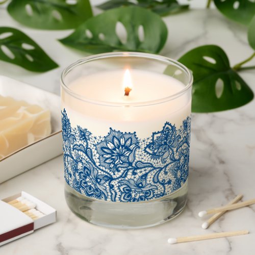 Blue vintage floral lace border scented candle