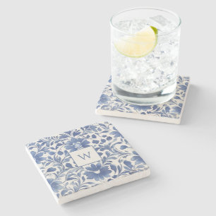 Blue Vintage Floral Monogram Stone Coaster