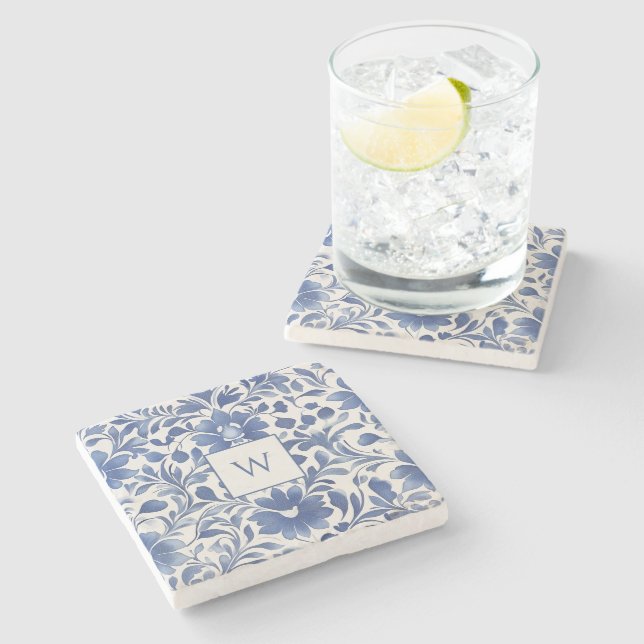 Blue Vintage Floral Monogram Stone Coaster (Side)