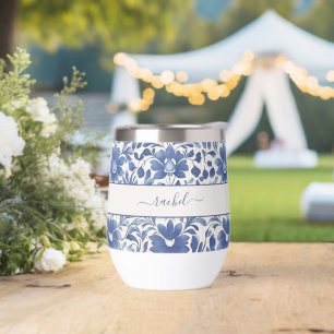 Blue Vintage Floral Monogram Thermal Wine Tumbler