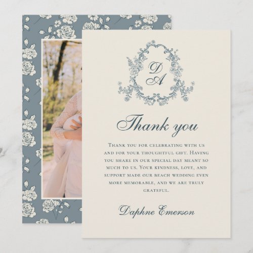 Blue Vintage Floral Monogrammed Wedding Thank You Card