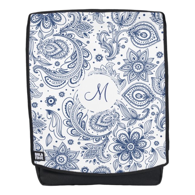 Blue Vintage Floral Pattern Monogram Backpack (Front)