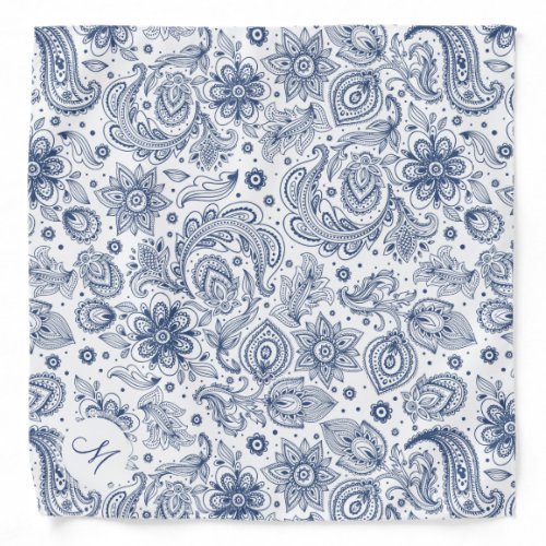 Blue Vintage Floral Pattern Monogram Bandana