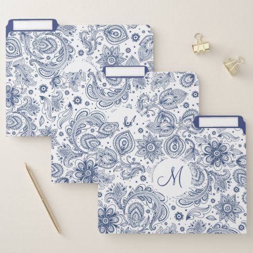 Blue Vintage Floral Pattern Monogram File Folders
