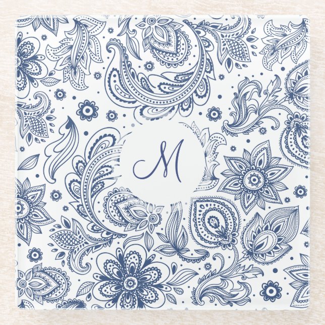 Blue Vintage Floral Pattern Monogram Glass Coaster (Front)