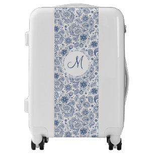 Blue Vintage Floral Pattern Monogram Luggage