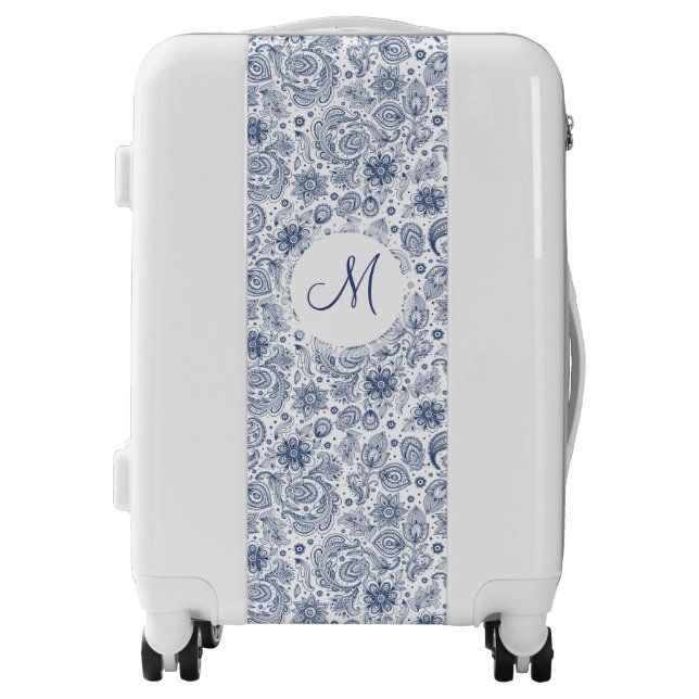 Blue Vintage Floral Pattern Monogram Luggage (Front)