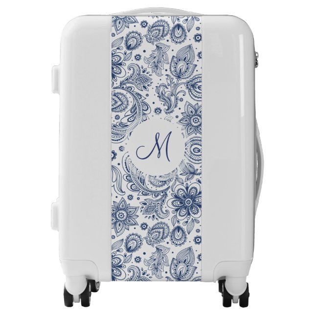 Blue Vintage Floral Pattern Monogram Luggage 2 (Front)