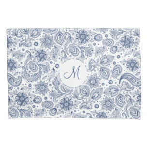 Blue Vintage Floral Pattern Monogram Pillow Case