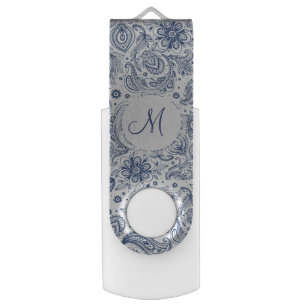 Blue Vintage Floral Pattern Monogram USB Flash Drive