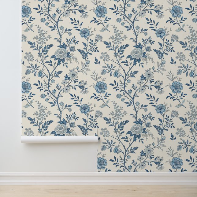 Blue Vintage Floral Pattern Wallpaper (Application)