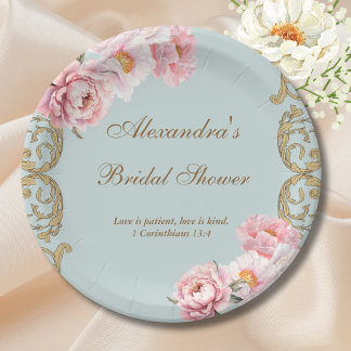 Blue Vintage Floral Peony Christian Bridal Shower Paper Plates