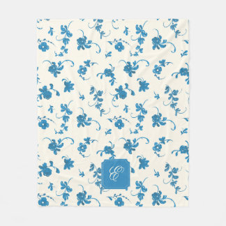 Blue Vintage Floral Personalized Monogrammed Fleece Blanket