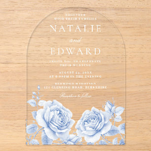 Blue Vintage Floral Roses Elegant Wedding Acrylic Invitations