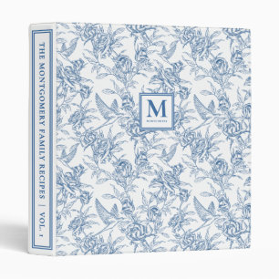 Blue Vintage Floral Toile de Jouy French Monogram 3 Ring Binder