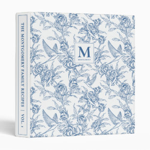 Blue Vintage Floral Toile de Jouy French Monogram 3 Ring Binder