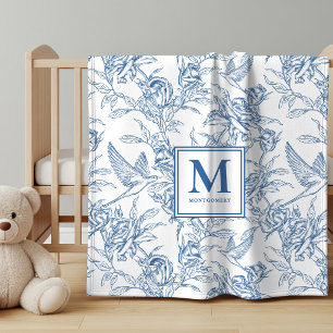 Blue Vintage Floral Toile de Jouy French Monogram Baby Blanket