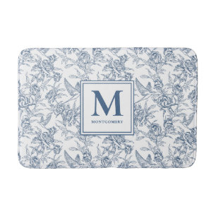 Blue Vintage Floral Toile de Jouy French Monogram Bath Mat