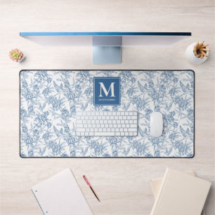 Blue Vintage Floral Toile de Jouy French Monogram Desk Mat