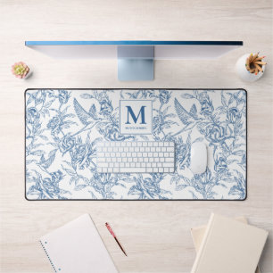 Blue Vintage Floral Toile de Jouy French Monogram Desk Mat