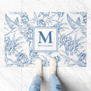 Blue Vintage Floral Toile de Jouy French Monogram Doormat
