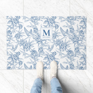 Blue Vintage Floral Toile de Jouy French Monogram Doormat