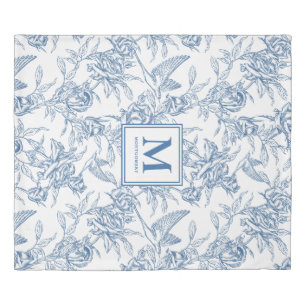 Blue Vintage Floral Toile de Jouy French Monogram Duvet Cover