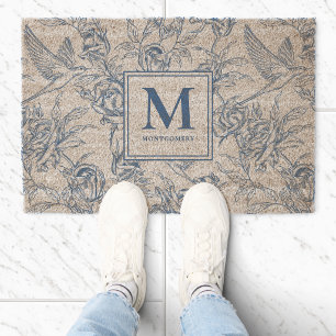 Blue Vintage Floral Toile de Jouy French Monogram Fiber Doormat
