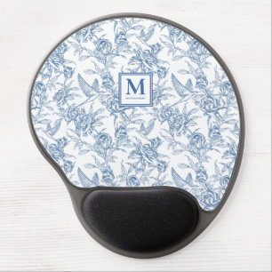 Blue Vintage Floral Toile de Jouy French Monogram Gel Mouse Pad