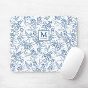 Blue Vintage Floral Toile de Jouy French Monogram Mouse Pad