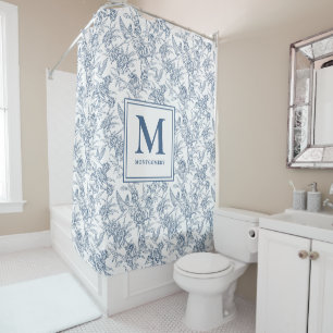 Blue Vintage Floral Toile de Jouy French Monogram Shower Curtain