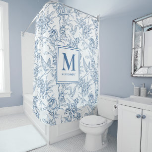 Blue Vintage Floral Toile de Jouy French Monogram Shower Curtain