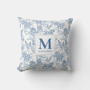 Blue Vintage Floral Toile de Jouy French Monogram Throw Pillow