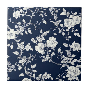Blue Vintage Floral Toile Pattern (10) Ceramic Tile
