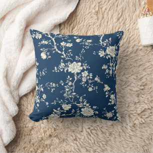 Blue Vintage Floral Toile Pattern (11) Throw Pillow
