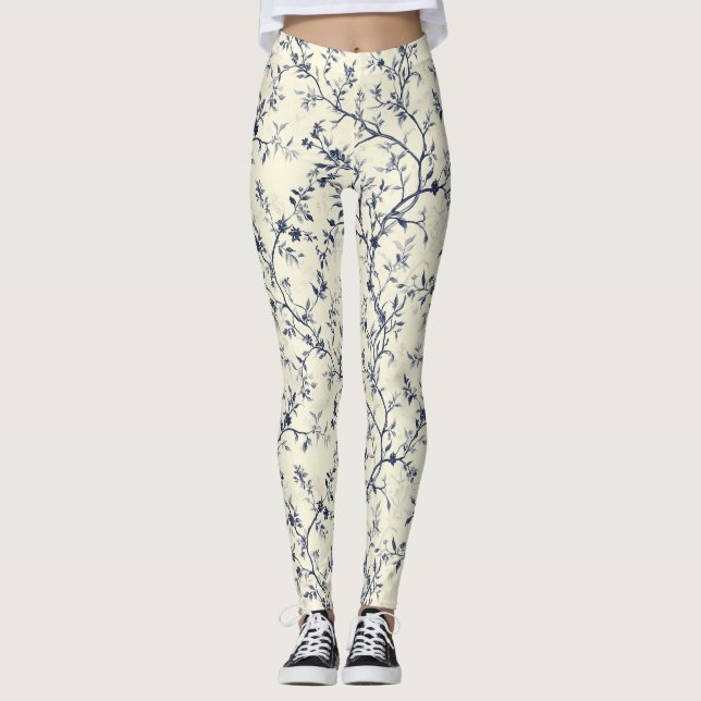Blue Vintage Floral Toile Pattern (1) Leggings (Front)