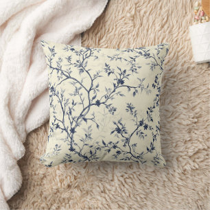 Blue Vintage Floral Toile Pattern (1) Throw Pillow