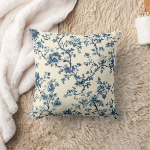 Blue Vintage Floral Toile Pattern (2) Throw Pillow