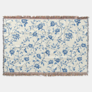Blue Vintage Floral Toile Pattern (3) Throw Blanket