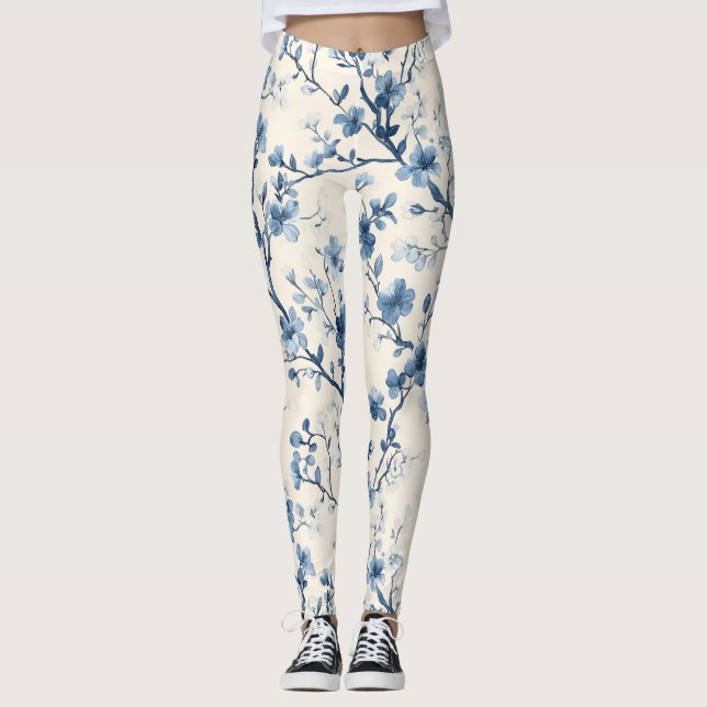 Blue Vintage Floral Toile Pattern (4) Leggings (Front)