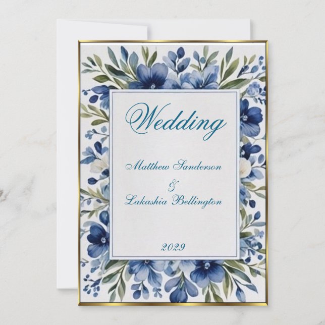 Blue vintage floral Wedding Beautiful White  Invitation (Front)