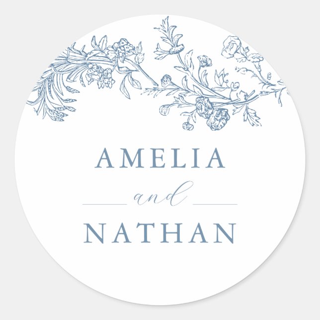 Blue Vintage Floral Wedding Classic Round Sticker (Front)