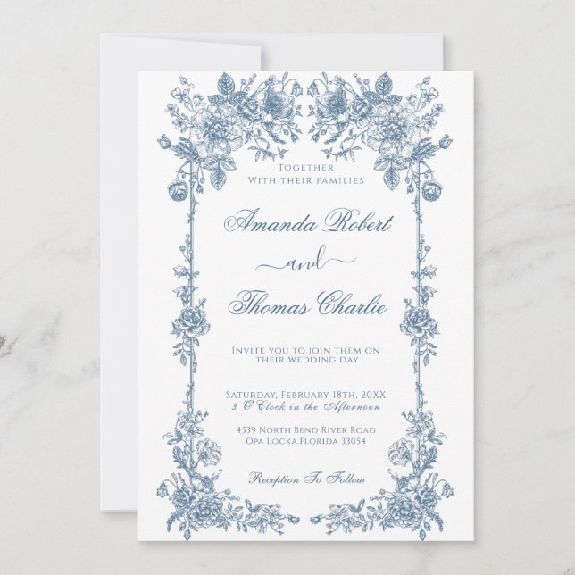 Blue Vintage floral Wedding Invitation (Front)