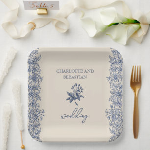 Blue vintage floral wedding paper plates