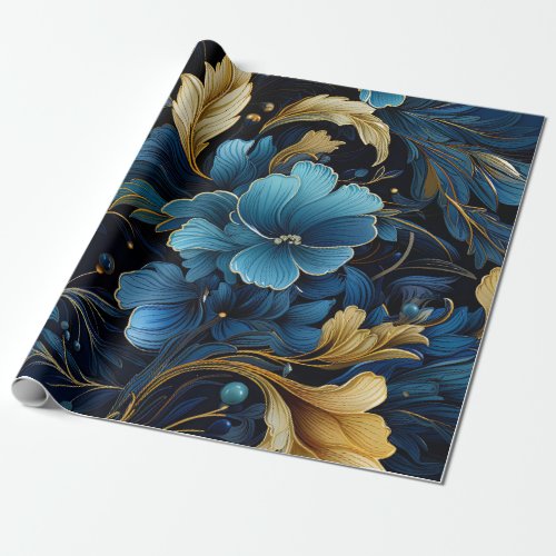 Blue vintage flower blooms and leaves wrapping paper