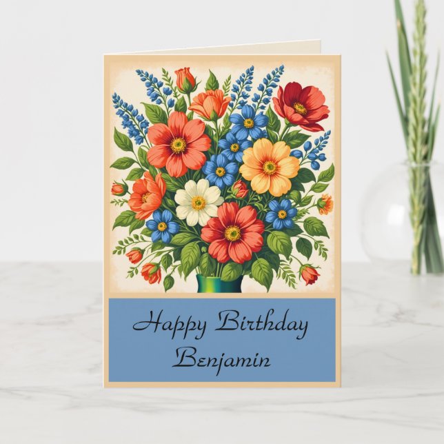 Blue Vintage Flower Bouquet Folded Birthday  Card (Front)