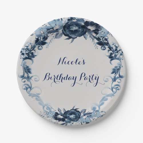 Blue Vintage Flowers Elegant Floral Wedding Paper Plates